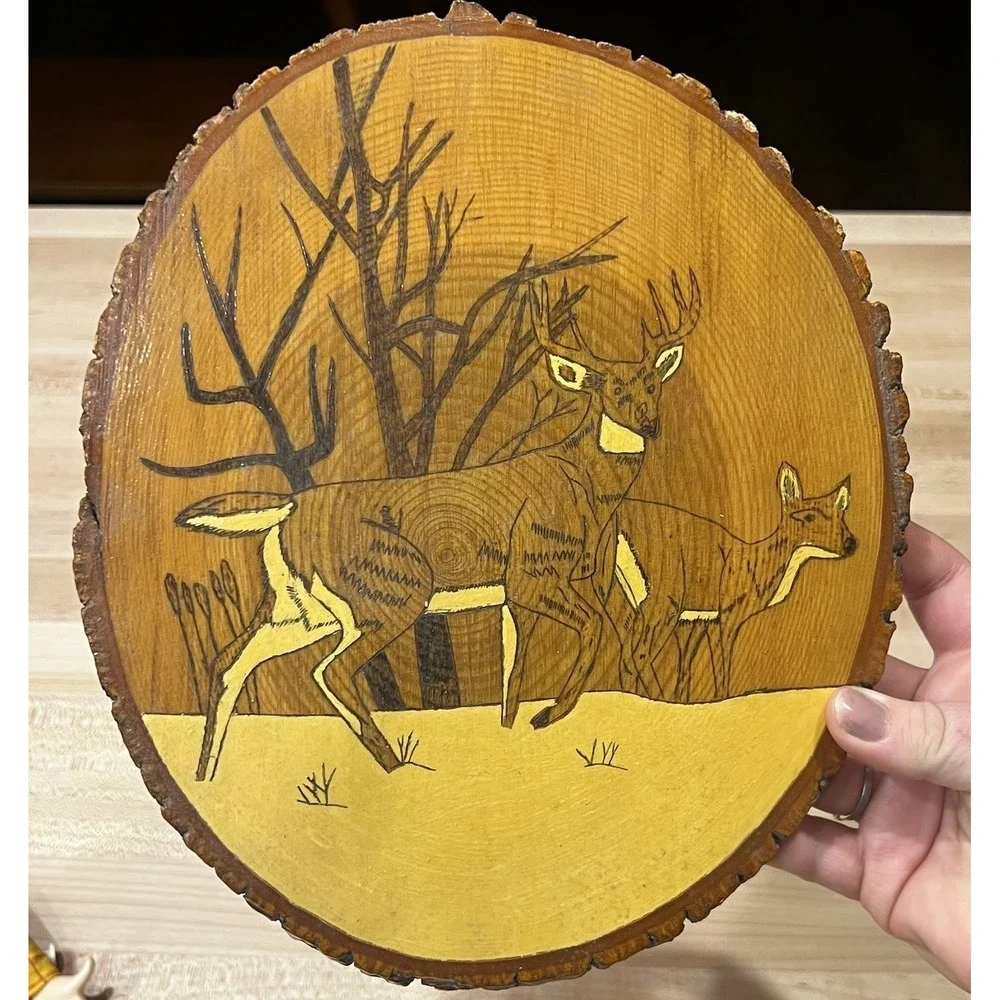 Deer Carving Engraved Wall Art Tree Wood Slab Stained,‎ Hunter, Animal, Rustic